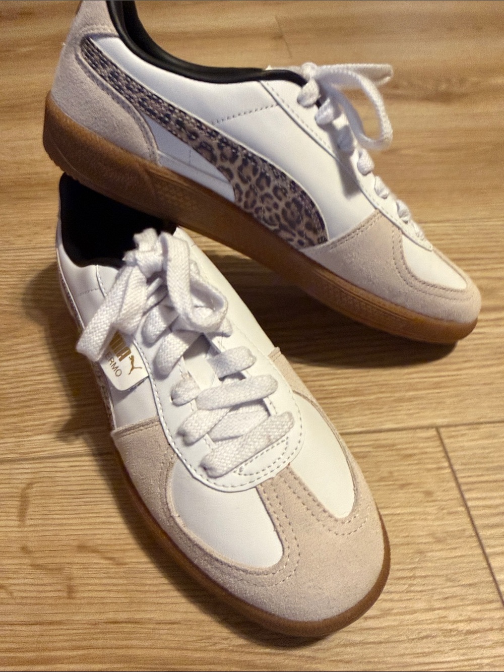 Puma Palermo White Sneakers with Tan Suede Accents and Leopard Formstrip